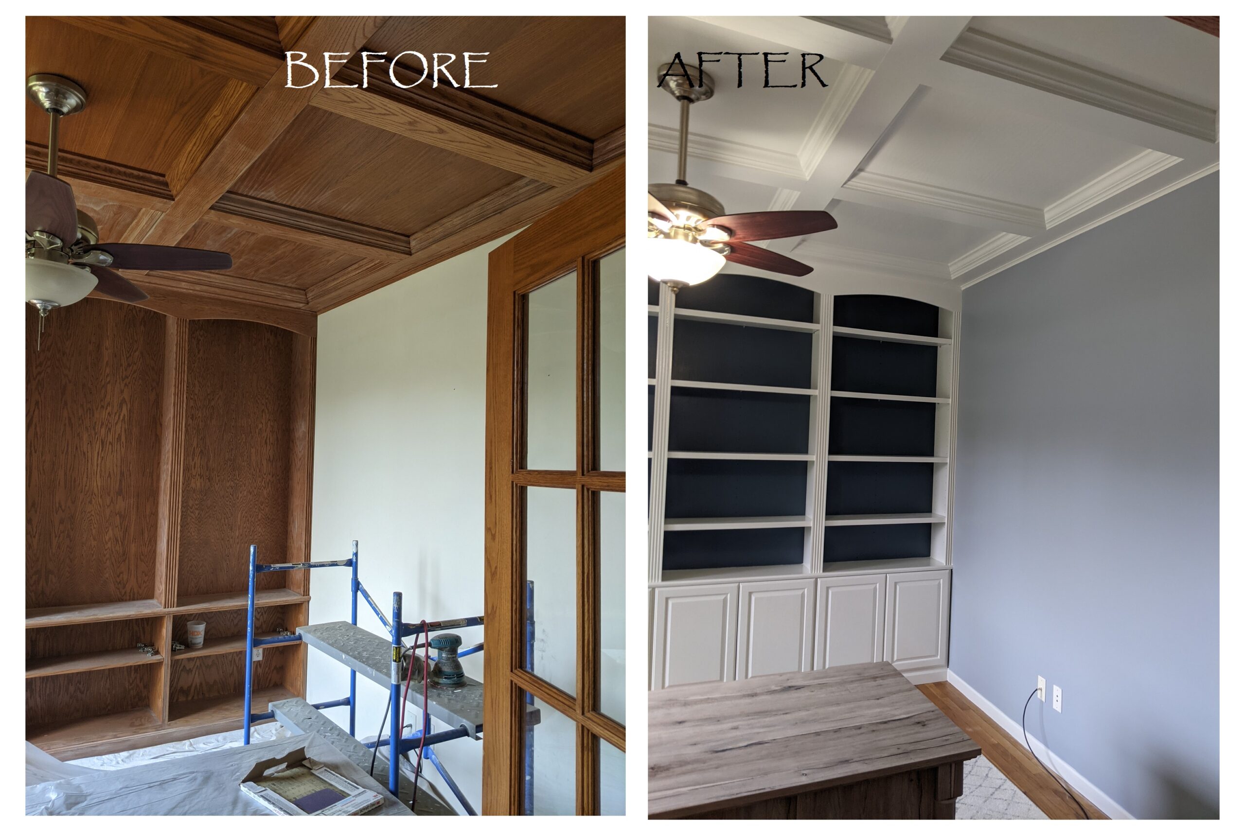 Before and After of Painted Wood Built-In Shelves, Coffered Ceilings and Walls