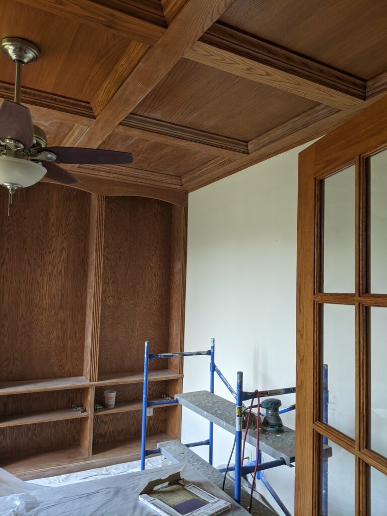Preparation: Sanding Coffered Ceilings and Wood Built-In Office Shelving